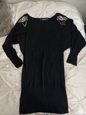 B&B COUTURE - Embellished Black Sweater Top with Shoulder Beading